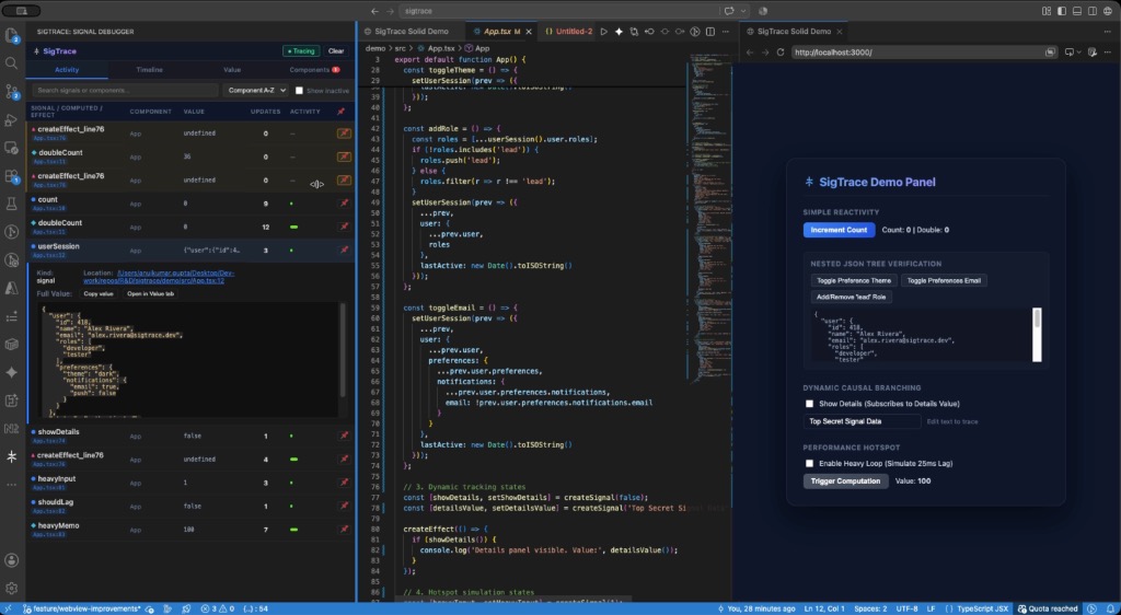 SigTrace running inside VS Code side-by-side with App.tsx and browser preview panel