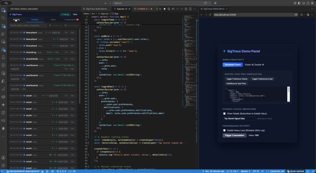 SigTrace Timeline view displaying sequenced causal chain events, loop alerts, and hide/unpin toggles